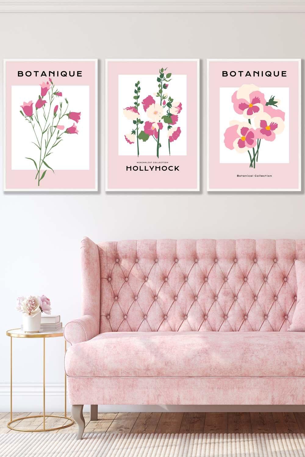 Set of 3 White Framed Vintage Graphical Pink Hollyhock Flower Market Wall Art